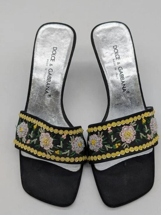 Authentic Dolce & Gabbana Black Satin Beaded Mule Heel Sandals Womens Sz 35 - Picture 3 of 11